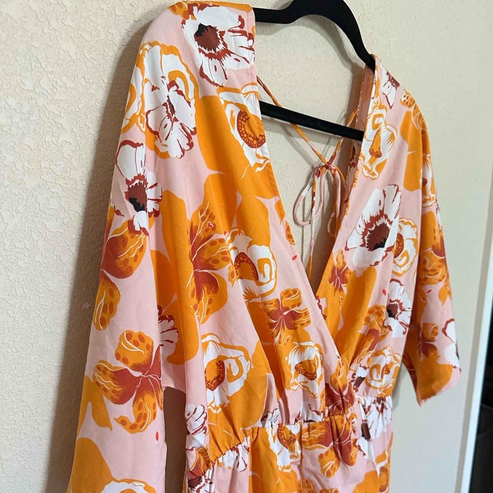 Hello Molly Pink and Orange Floral Romper Wrap Dress - Picture 7 of 11
